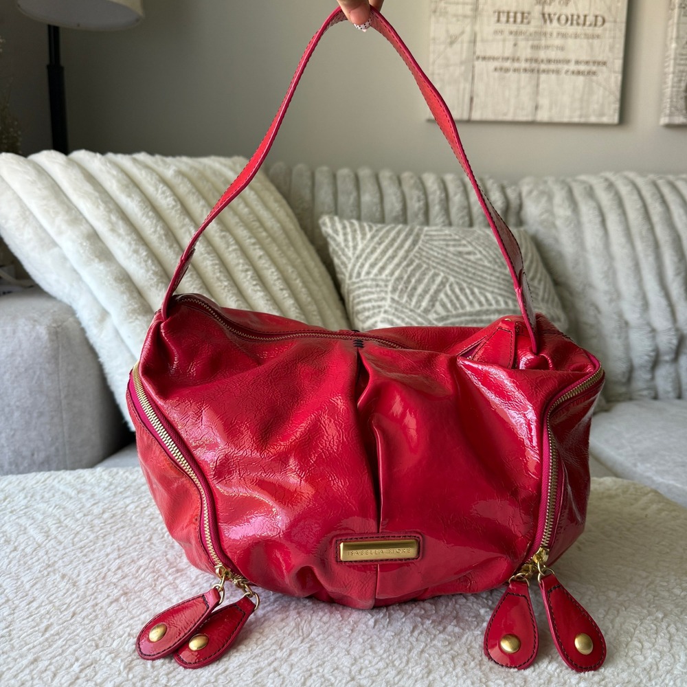 Isabella Fiore Pink Patent Leather Pleated Hobo Shoulder Bag Gold Hardware